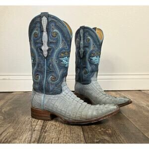 Caiman Cowboy Boots Teal Blue Cowgirl Snip Toe Embroidered El General Western